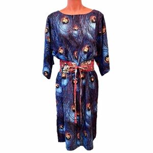 Peacock Print Dress with Obi style belt